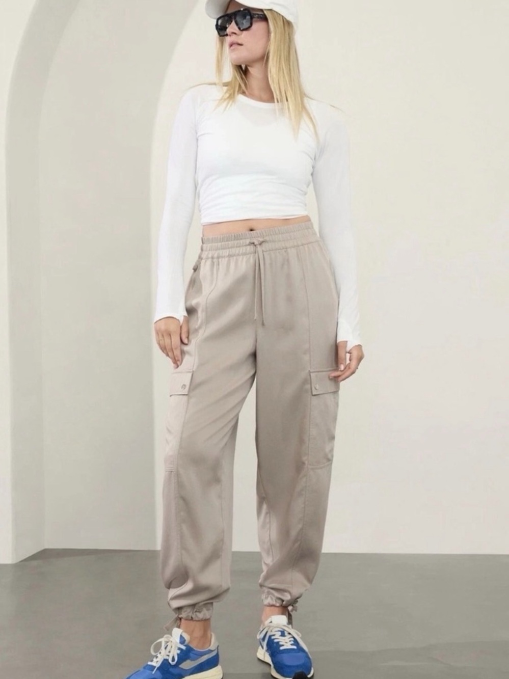 Athleta Taupe Cargo Jogger Pants with Elastic Waist